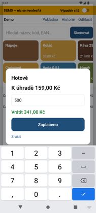 Platba hotově s výpočtem částky k vrácení